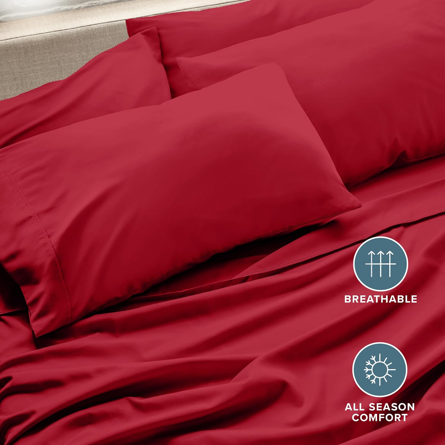 BareHome Bare Home Microfiber Bulk Pillow Cases - Standard/Queen Size Set of 4 - Cooling Pillowcases - Double Brushed - Red Pillowcases 4 P…