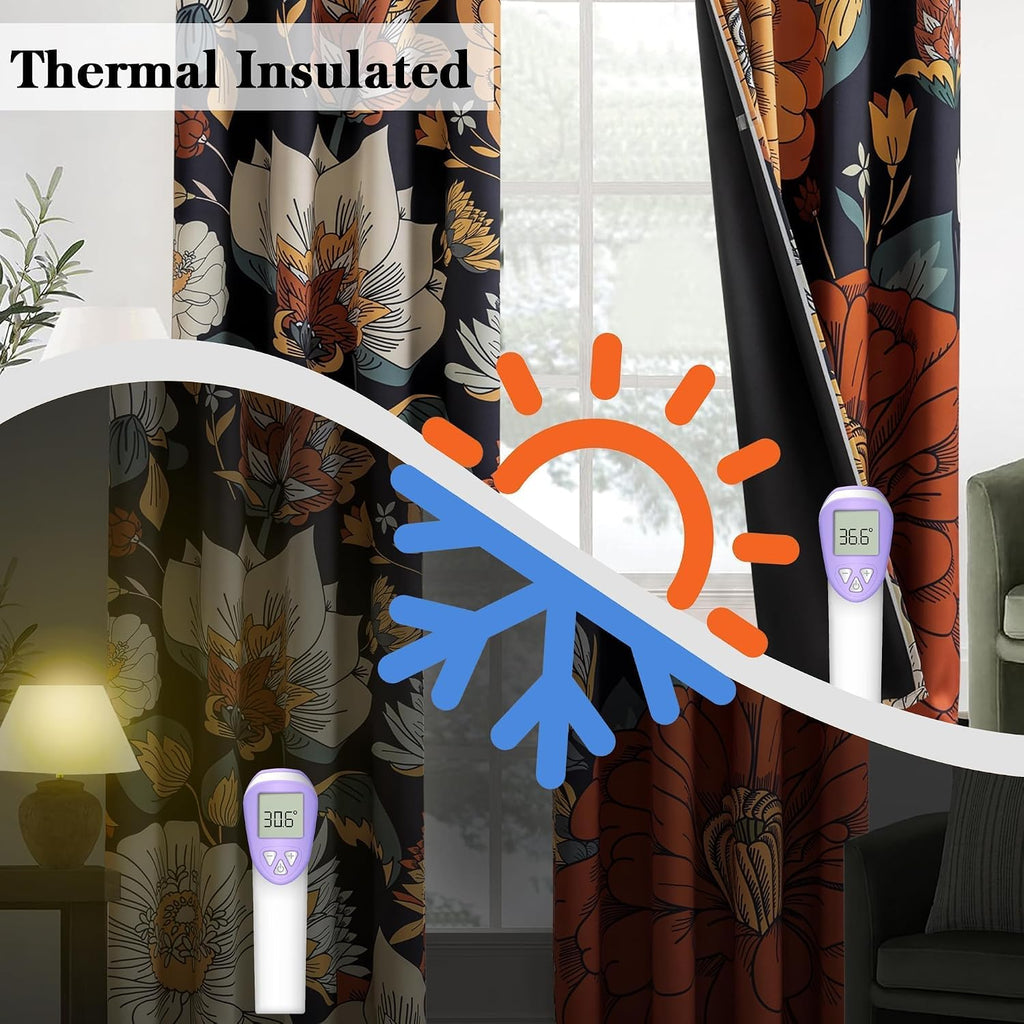 Tyrot Black Boho Floral 100% Blackout Curtains 45 Inch Long 2 Panels Mid Century Modern Botanical Grommet Thermal Insulated Room…