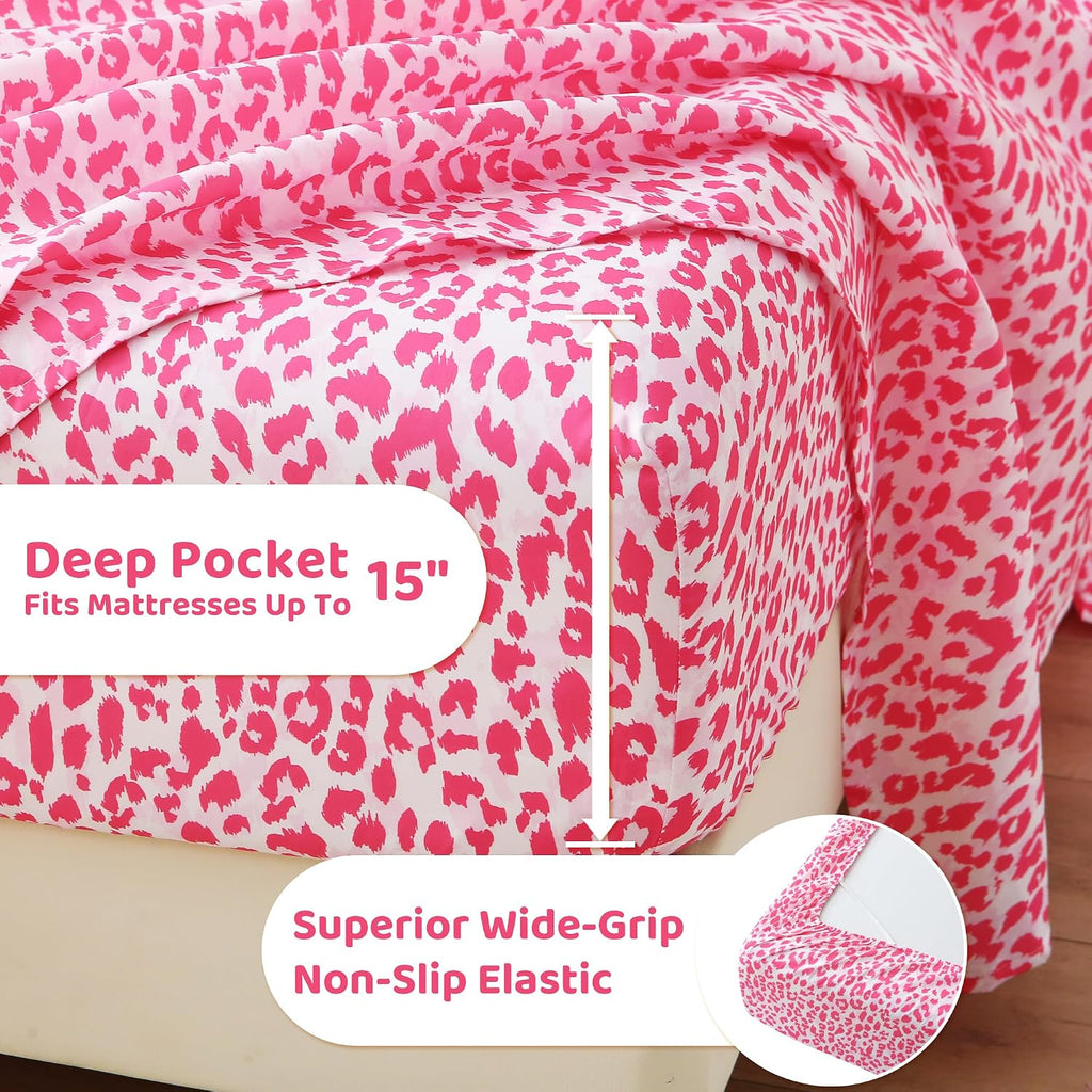 mooreeke Leopard Cheetah Printed Full Bed Sheets, Soft Microfiber Bedding Sheets & Pillowcases, Deep Pocket Non-Slip Fitted Full Sheet, Pin…