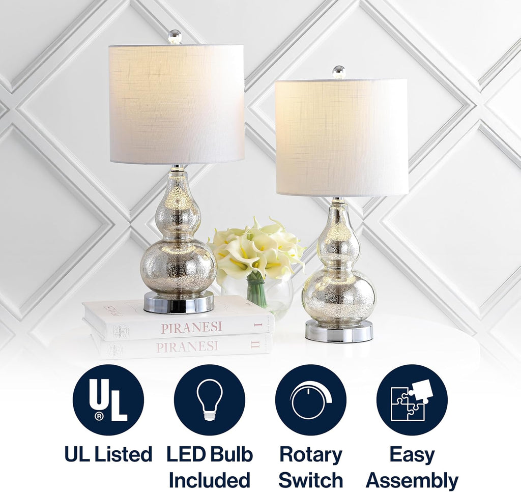 JONATHAN Y 20.5" Mercury Silver Glass Table Lamp, Modern Gourd Bedside Nightstand Lamp for Bedroom, Living Room, White Linen Shade, LED…