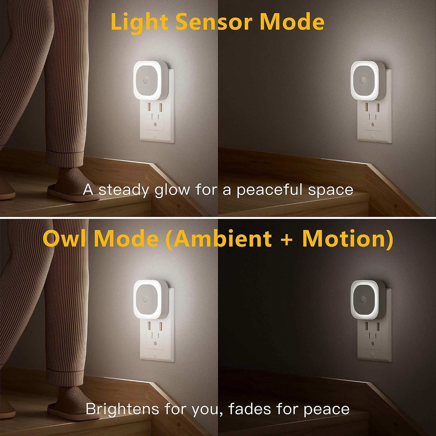 YUNLEX 2 Pack Plug in Night Light with Motion Sensor & Dusk to Dawn Sensor, 3 Sensor Modes, Night Lights Plug into Wall, Auto ON/Off…