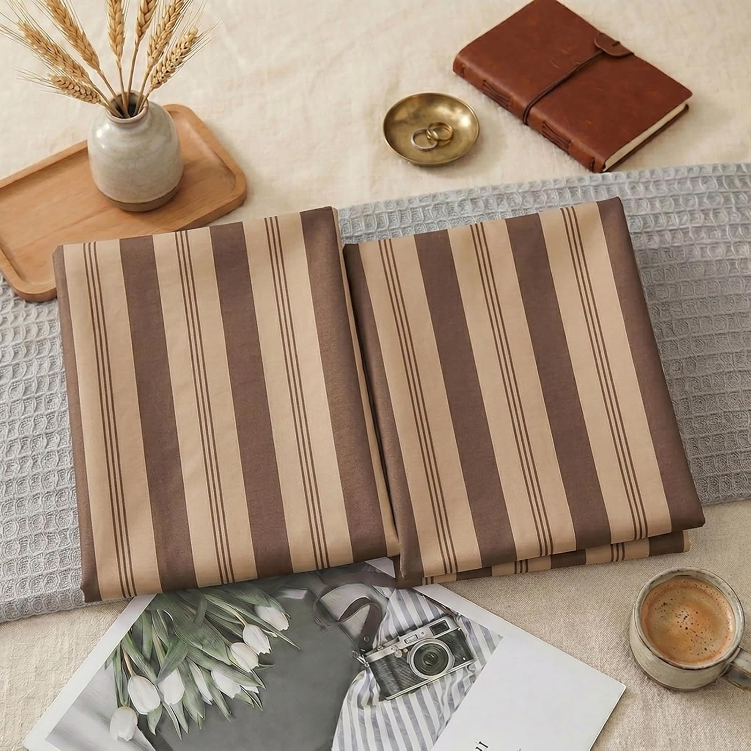 Merryword Brown Striped Pillowcases, 100% Cotton Pillow Cases, Queen Size Pillowcases, Luxury Linen Like Pillowcase, Soft Breathable Stripe…