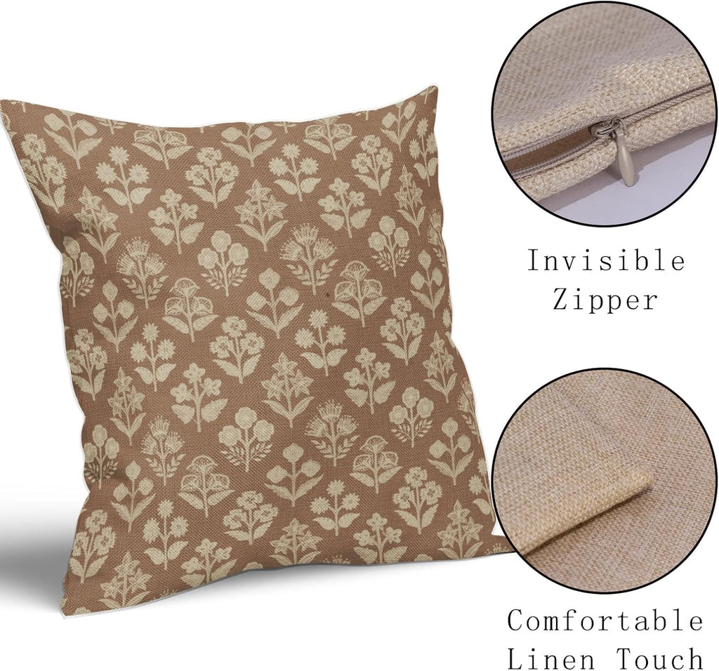 Brown Floral Pillow Covers 24x24 Inch Set of 2, Vintage Flower Block Pattern Decorative Throw Pillowcases Outdoor Farmhouse Cushion…