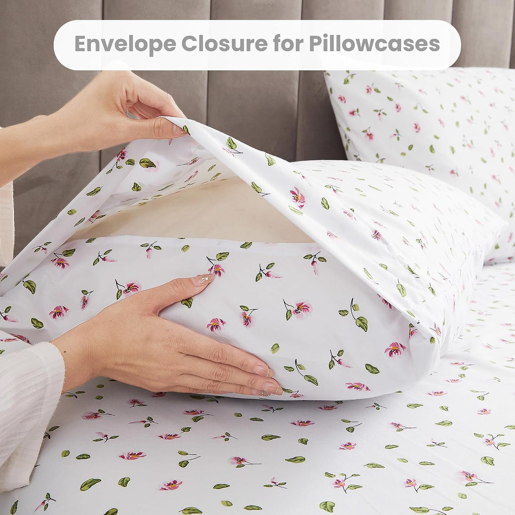 mooreeke Queen Sheets Set - 4 Pieces Soft Breathable Microfiber Bed Sheet Set - Pink Flower Green Leaf Pattern Sheet Set - Deep Pocket Non-…