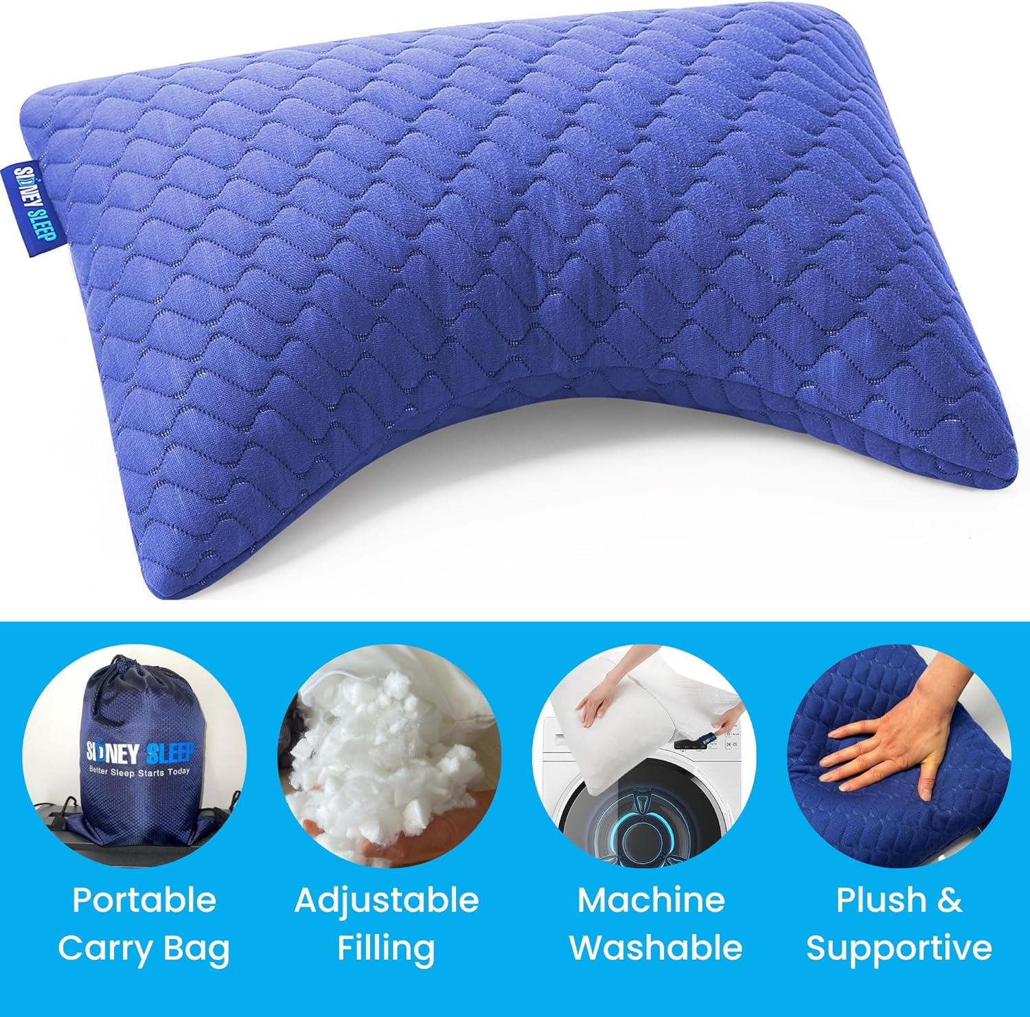 Sidney Sleep Mini Travel Size Neck Pillow - Knee, Back Lumbar and Support - Small Curved Pillow - Adjustable Fill - Washable Case…