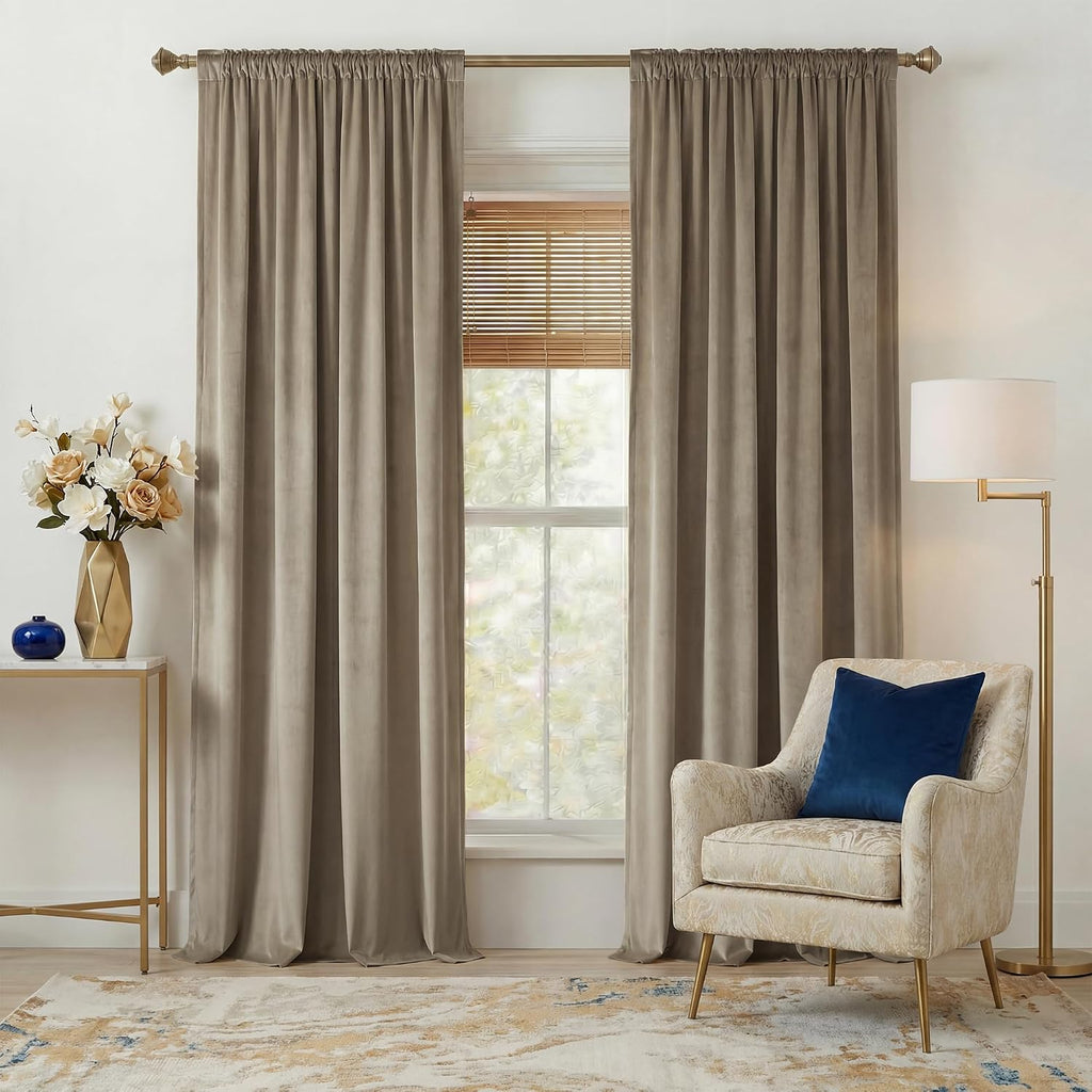 Nicetown Taupe Velvet Curtains for Bedroom 120 inches Long, Rod Pocket & Back Tab Luxury Room Darkening Window Treatments Vertical Winter D…
