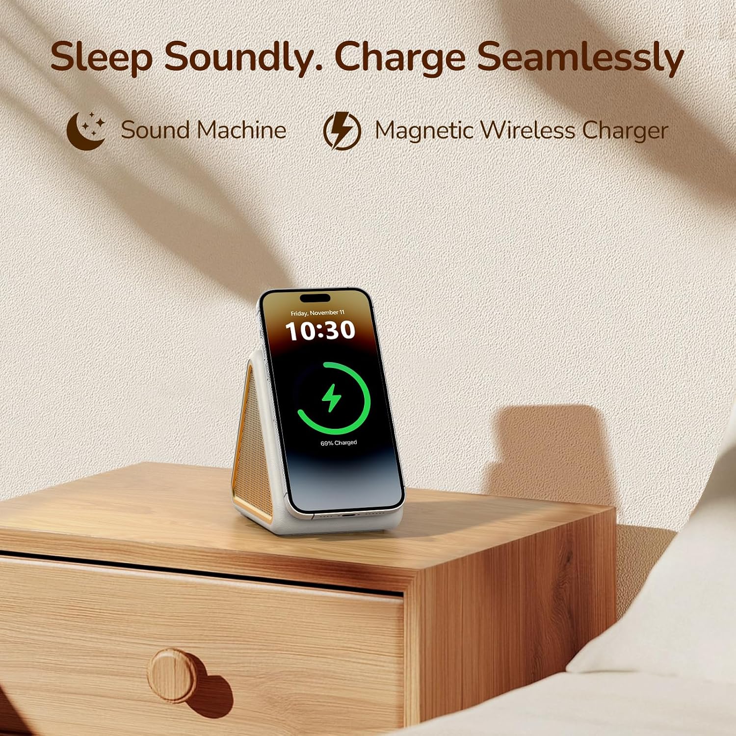 Housbay Sound Machine with Magnetic Wireless Charger for iPhone, 2-in-1 Design for Clutter-Free Nightstand, Dual-Speaker Stereo Sound for…