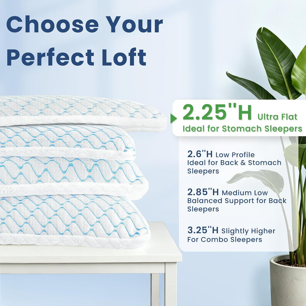 2.25" Ultra Thin Memory Foam Pillow with Cool-to-Touch Cover, Low Profile Flat Bed Pillow for Back & Stomach Sleepers, Standard Size