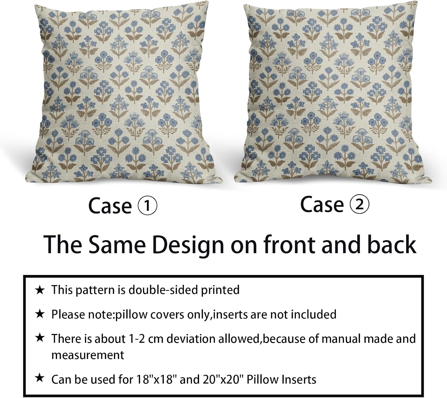 Brown Blue Floral Block Print Pillow Covers 16x16 Inch Set of 2, Vintage Flower Pattern Decorative Throw Pillowcases Outdoor Farmhouse…