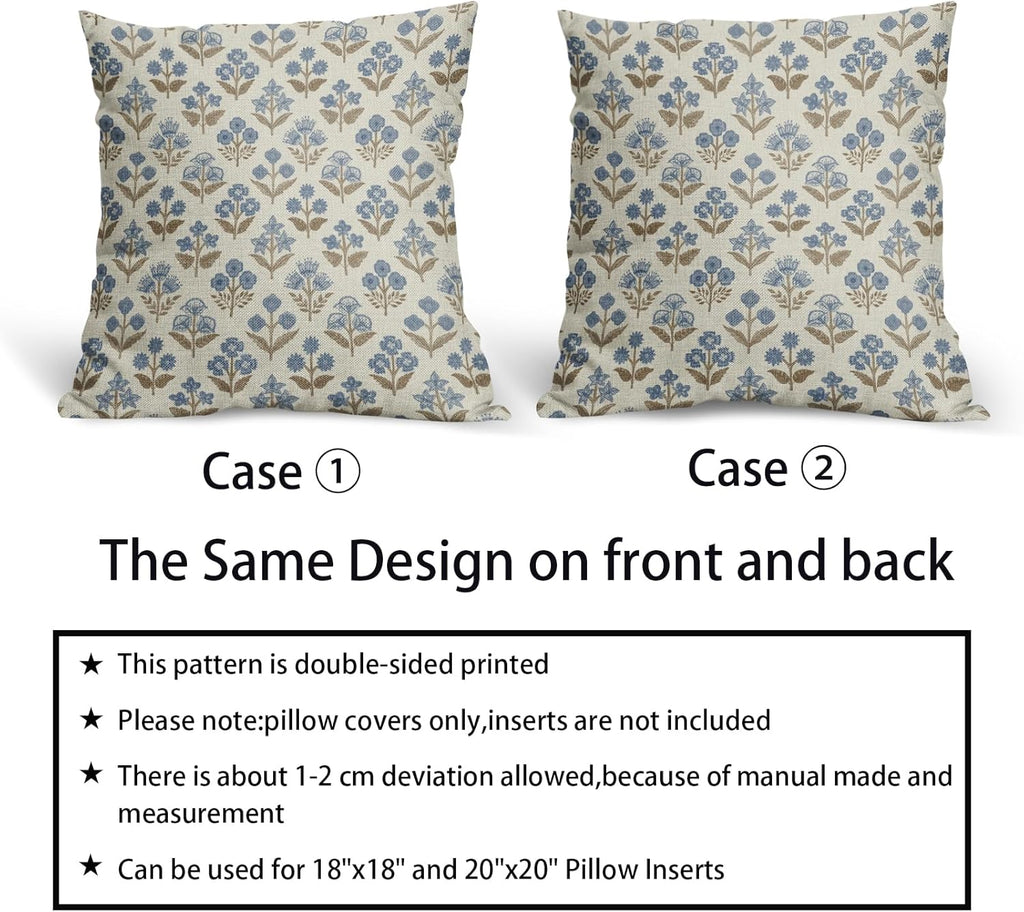 Brown Blue Floral Block Print Pillow Covers 18x18 Inch Set of 2, Vintage Flower Pattern Decorative Throw Pillowcases Outdoor Farmhouse…