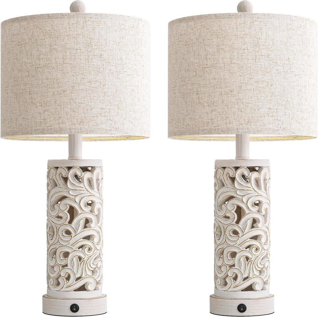 Oyears 22'' Table Lamp Set of 2 for Living Room, Farmhouse Lamp for for Bedroom, Vintage Retro Bedside Lamps with USB Ports Linen Shade for H…