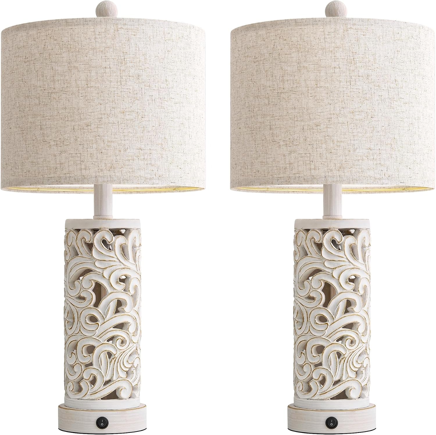 Oyears 22'' Table Lamp Set of 2 for Living Room, Farmhouse Lamp for for Bedroom, Vintage Retro Bedside Lamps with USB Ports Linen Shade for H…