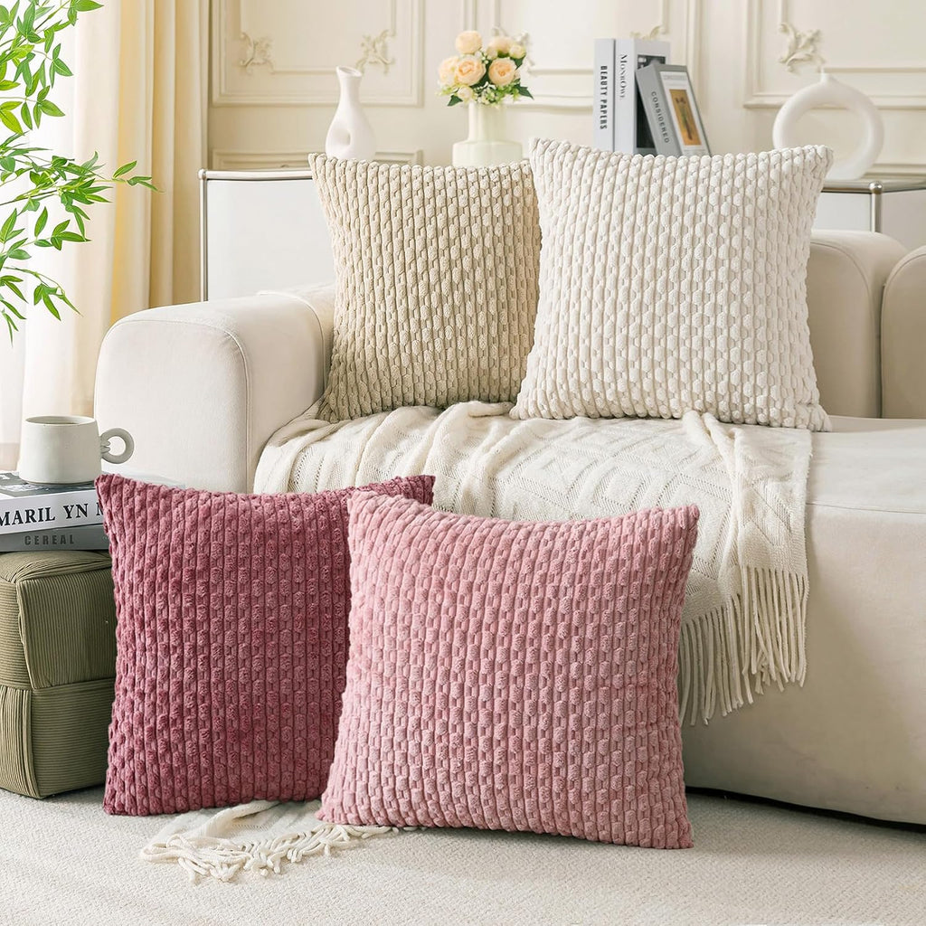Cozoomy Set of 4 Pink Beige White Decorative Throw Pillow Covers 20x20 Inch Corduroy Pillow Covers for Bed Couch Sofa Living Room Soft Squa…