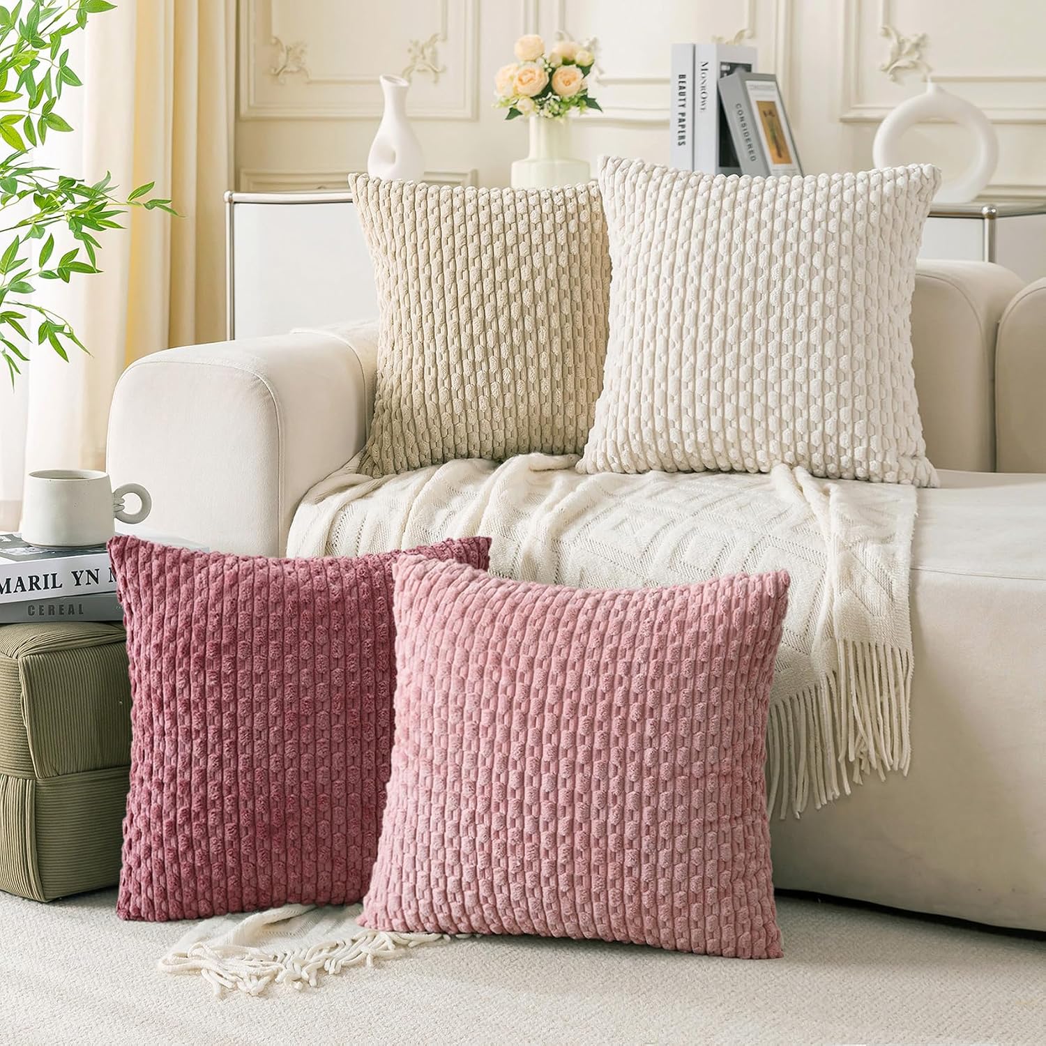 Cozoomy Set of 4 Pink Beige White Decorative Throw Pillow Covers 18x18 Inch Corduroy Pillow Covers for Bed Couch Sofa Living Room Soft Squa…