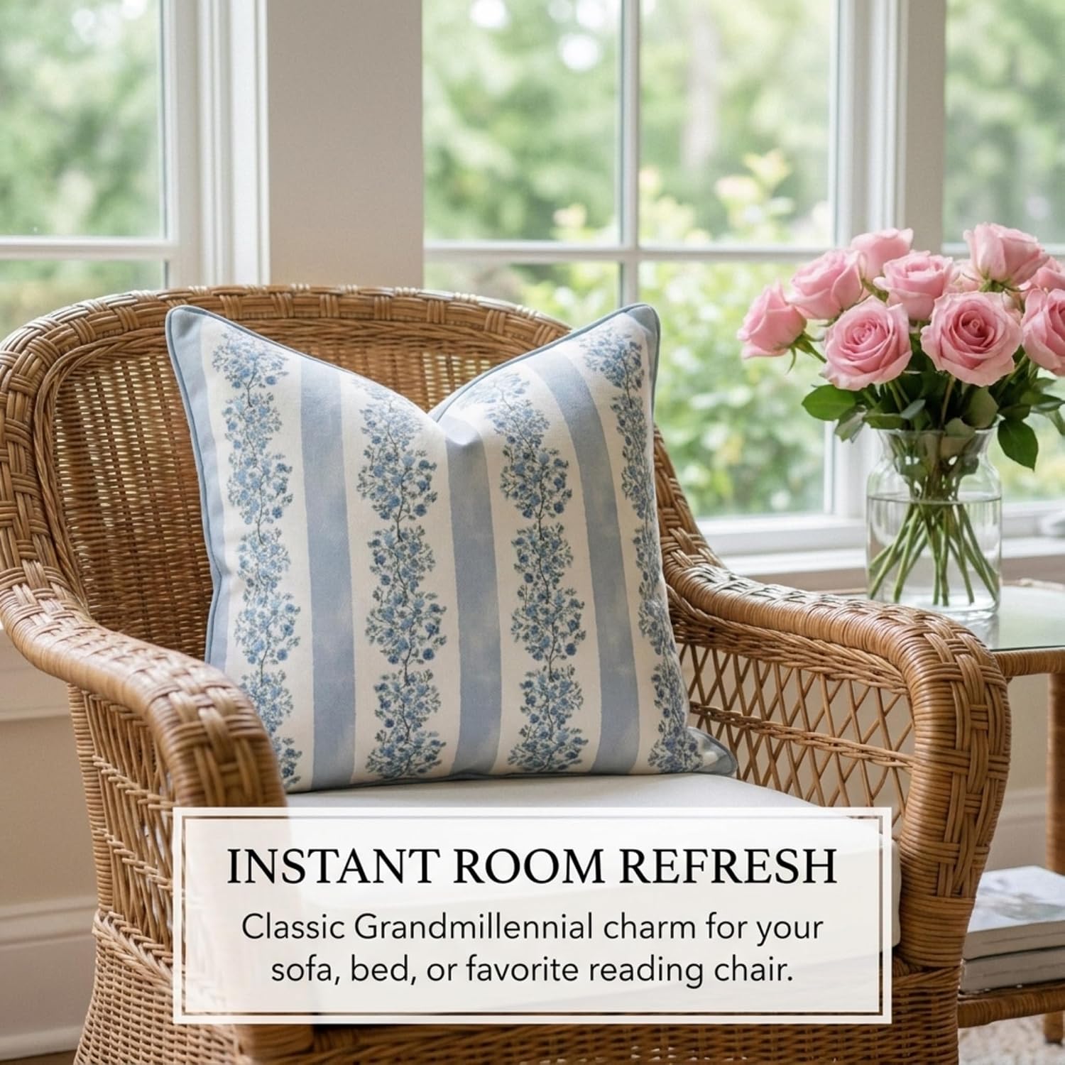 Jillien Harbor “The Juliet” Floral Block Print Pillow Cover – Soft Blue and Off-White Decorative Throw Pillow Cover – Grandmillennial…