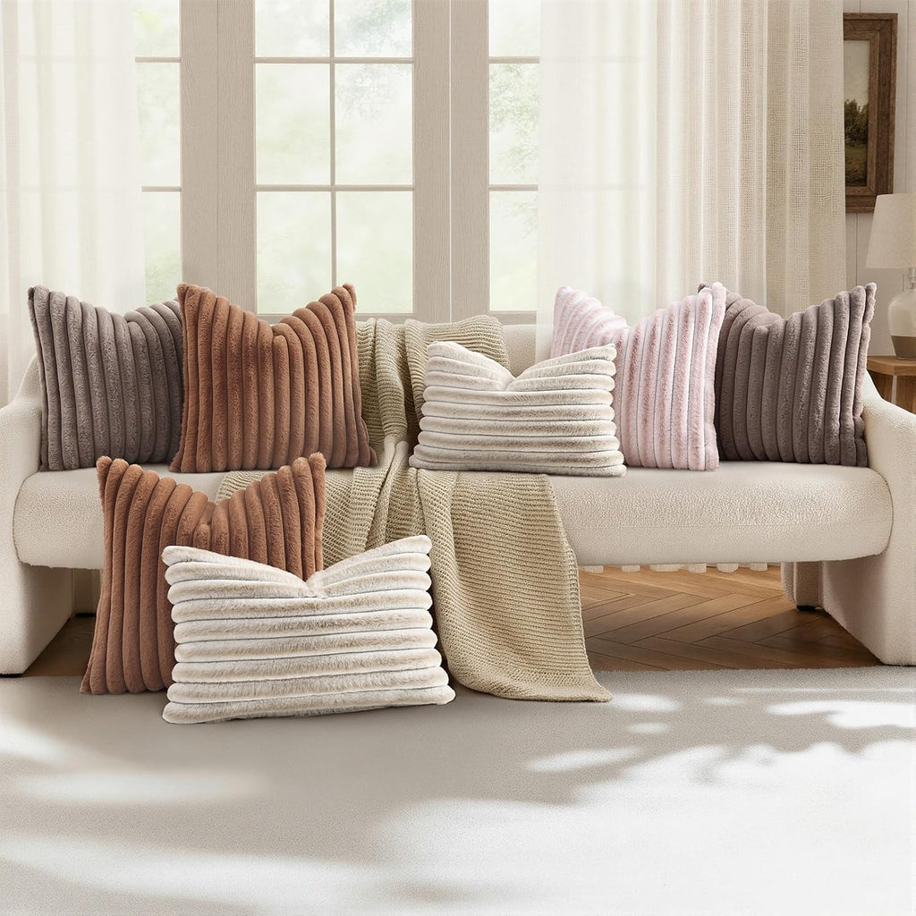 decorUhome Summer Cozy Faux Fur Throw Pillow Covers 22x22 Set of 2 Decorative Plush Striped Modern Farmhouse Boho Couch Euro Sham Pillow Ca…