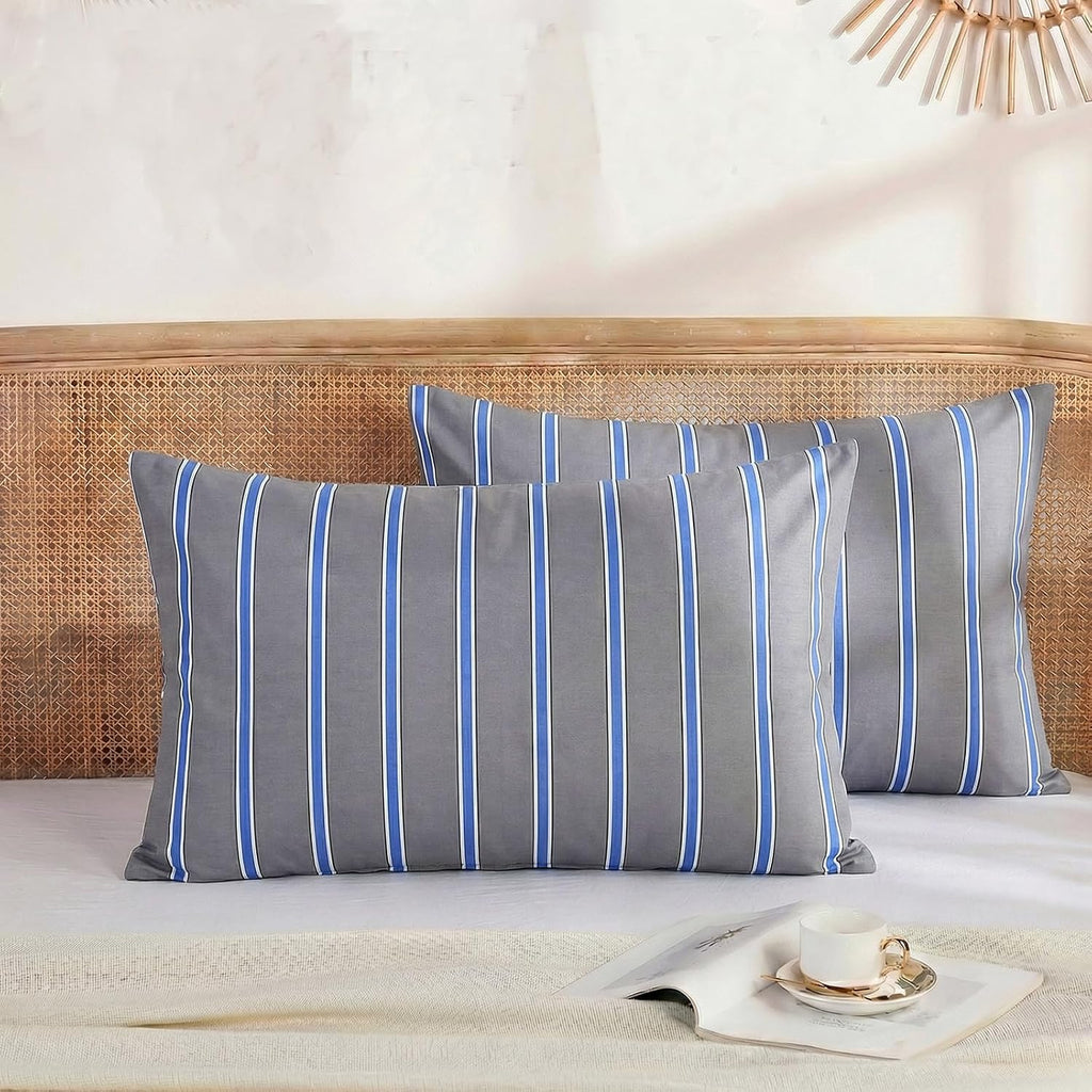 Merryword 100% Cotton Pillow Cases, Standard Size Pillowcases, Blue and Gray Striped Pillowcases, Soft Breathable Engineered Stripes Pillow…