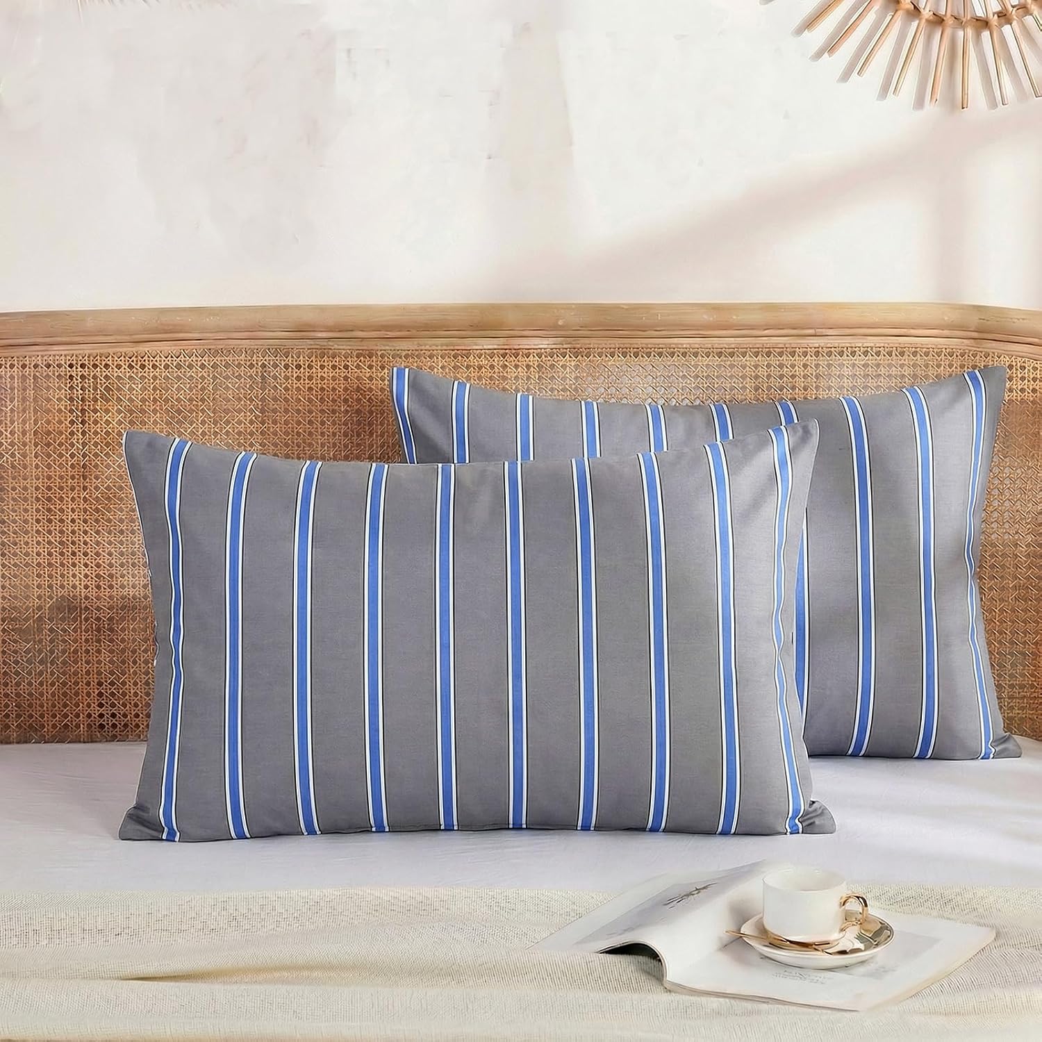 Merryword 100% Cotton Pillow Cases, Standard Size Pillowcases, Blue and Gray Striped Pillowcases, Soft Breathable Engineered Stripes Pillow…