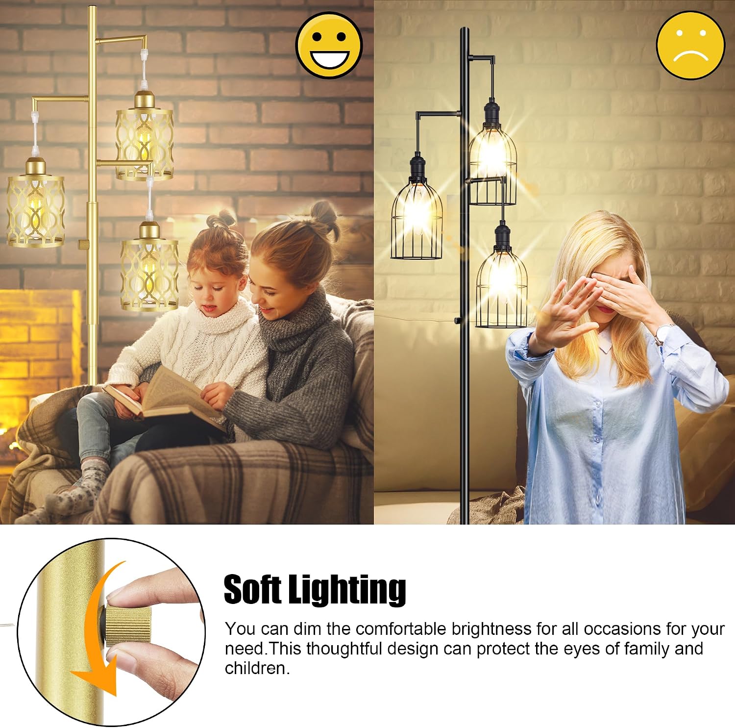 ROTTOGOON 68" Gold Floor Lamp, Dimmable Industrial Floor Lamps for Living Room, 3 Light Rustic Standing Tall Lamp Including 3 PCS 6W E26…