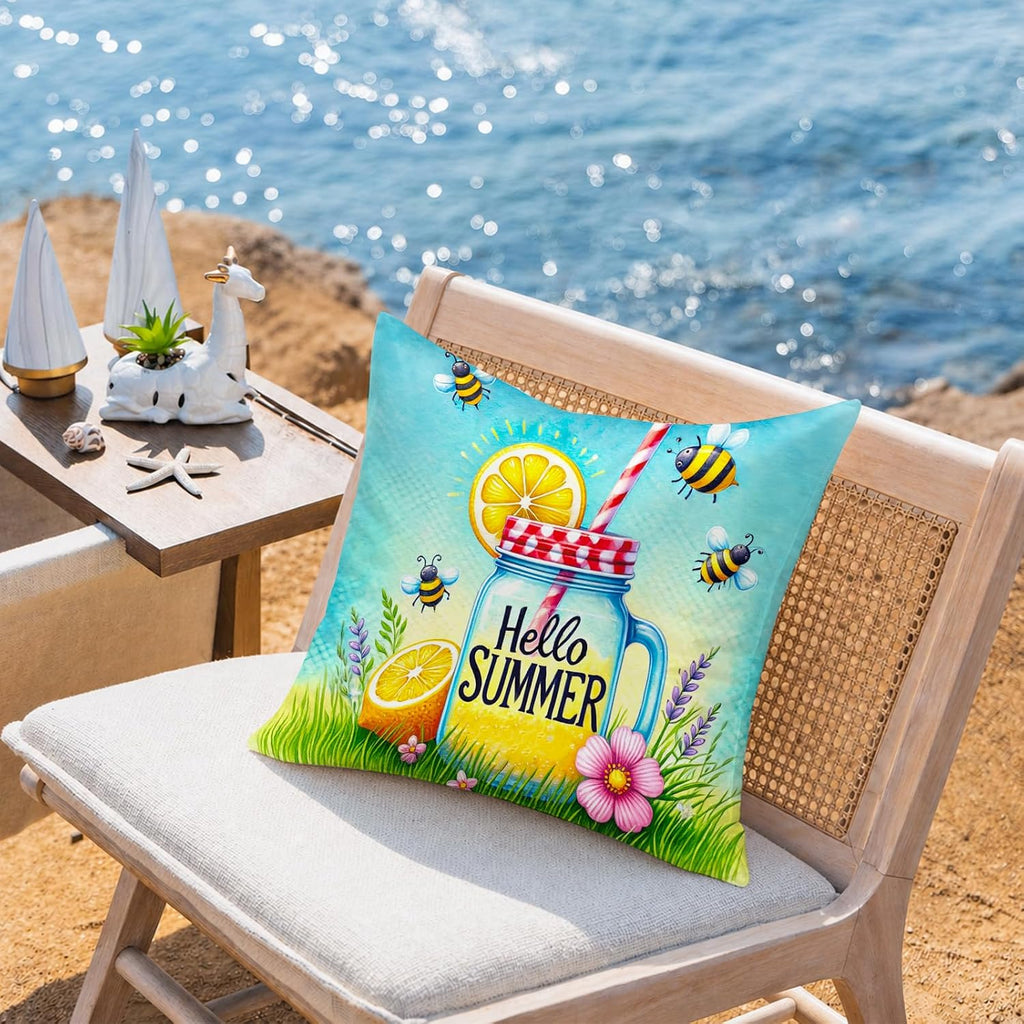BlissYard Hello Summer Lemon Throw Pillow Covers 18x18 Set of 2 Decorative Pillow Covers Bee Lemonade Summer Cushion Covers Farmhouse…