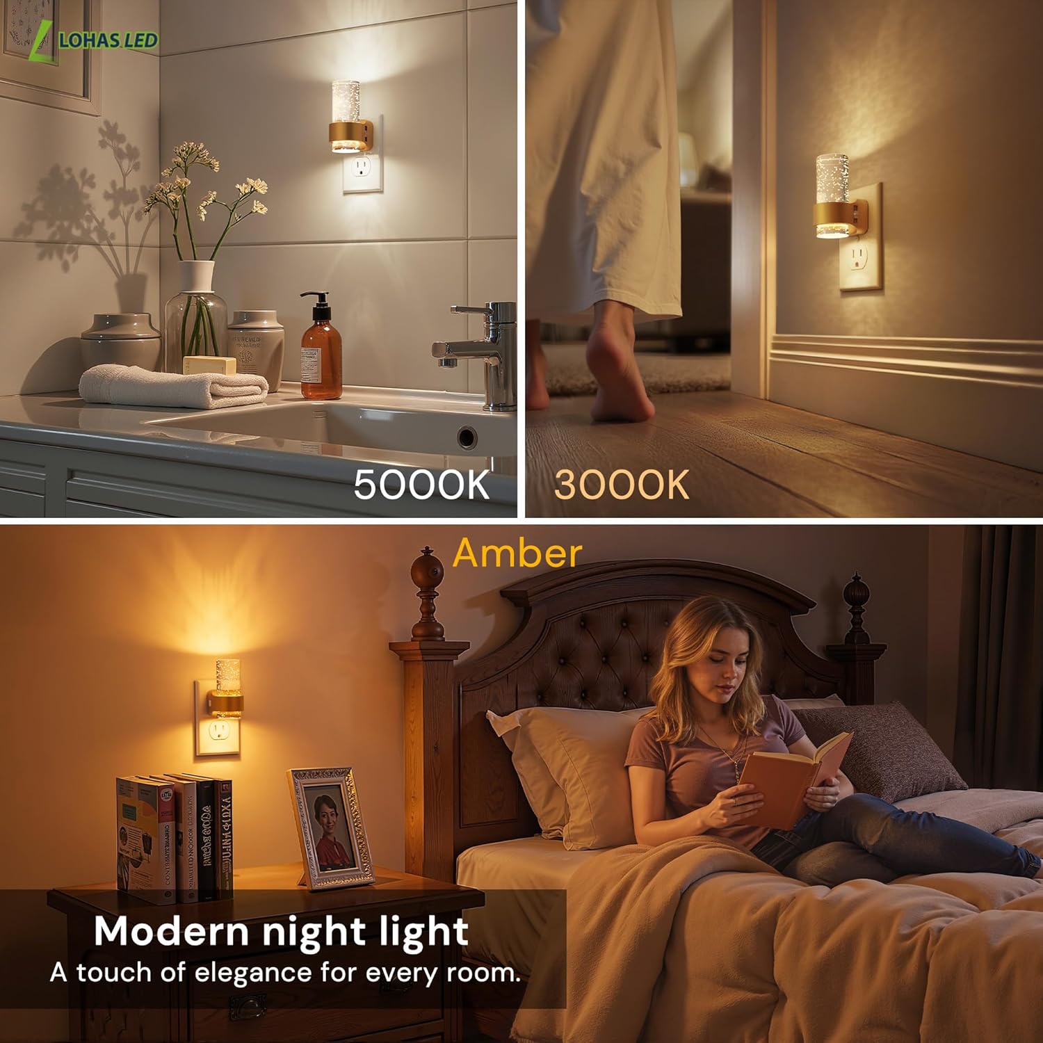 L LOHAS LED Night Lights Plug into Wall, 4 Pack Mini Dimmable Night Light with Dusk-to-Dawn, Soft White/Cool White/Amber 3 Light Color…