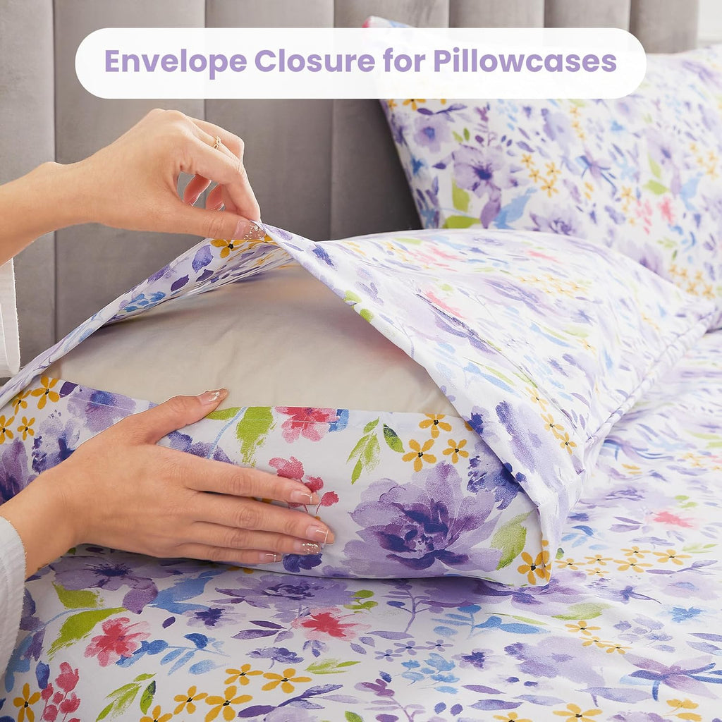 mooreeke Floral Queen Sheets, Soft Breathable Microfiber Vintage Printed Bed Sheet Set, Deep Pocket Non-Slip Fitted Sheet Included, Purple…