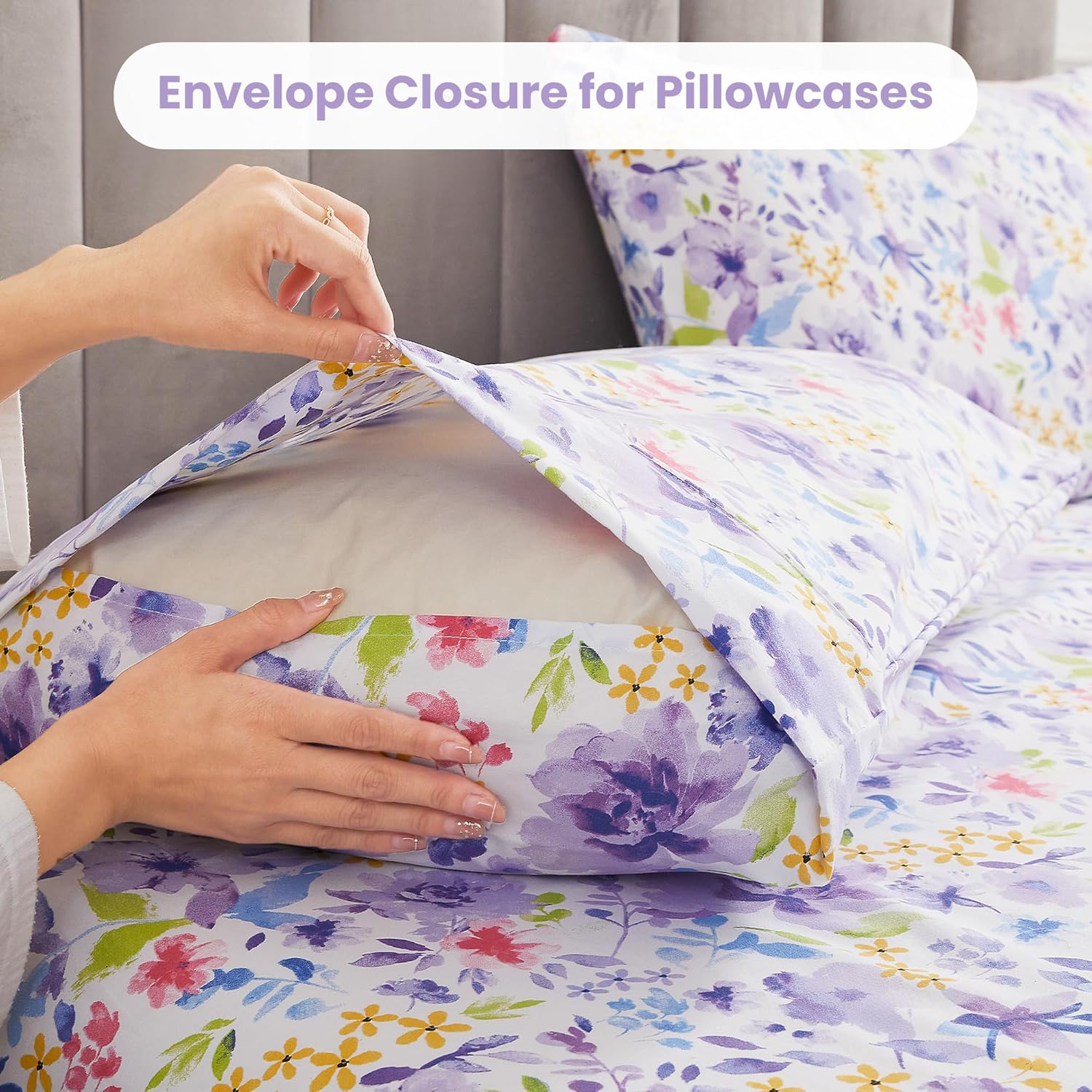 mooreeke Floral Queen Sheets, Soft Breathable Microfiber Vintage Printed Bed Sheet Set, Deep Pocket Non-Slip Fitted Sheet Included, Purple…