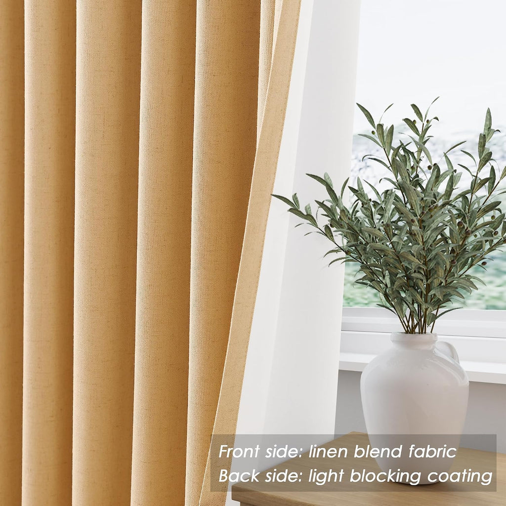 Nanspring Camel 100% Blackout Linen Curtains for Bedroom 84 Inch Length 2 Panels Set Back Tab Thermal Insulated Vintage Modern Black out Cu…