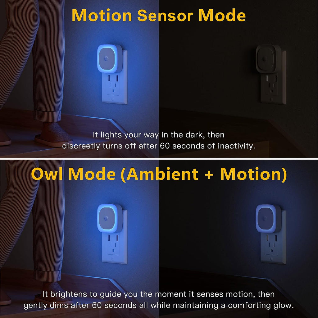 YUNLEX 2 Pack Plug in Night Light with Motion Sensor & Dusk to Dawn Sensor, 3 Sensor Modes, Auto ON/Off, Dimmable, Night Lights Plug into…