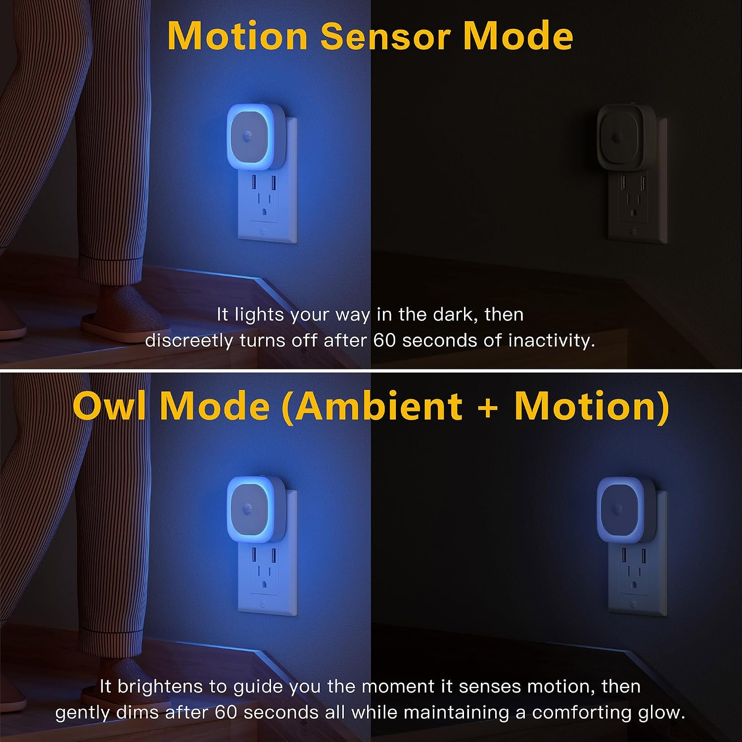YUNLEX 2 Pack Plug in Night Light with Motion Sensor & Dusk to Dawn Sensor, 3 Sensor Modes, Auto ON/Off, Dimmable, Night Lights Plug into…