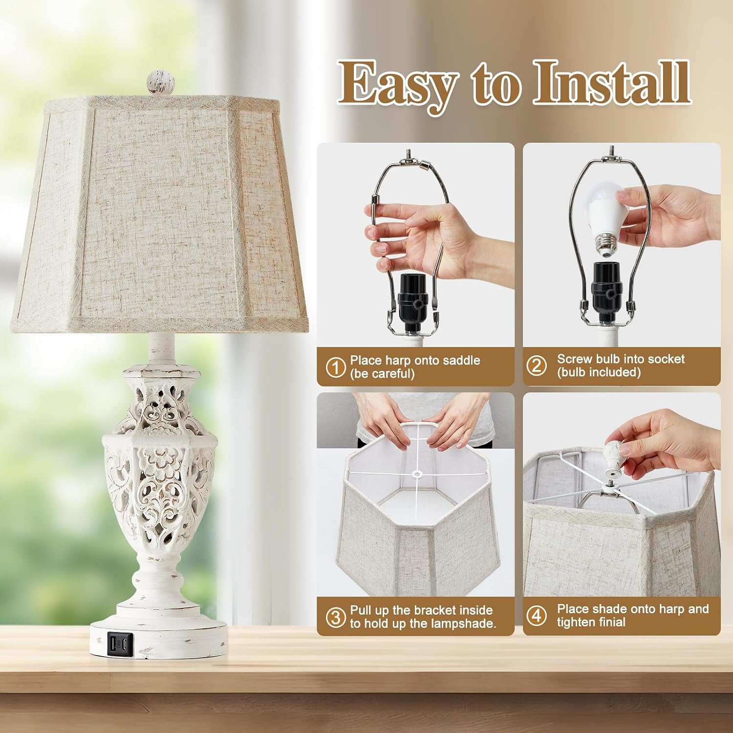 EJIAXIN Lamps for Night Stands Set of 2-23.5" Boho Bedside Lamp with USB A+C and Nightlight - Cream Rustic Carved Resin Farmhouse Table…