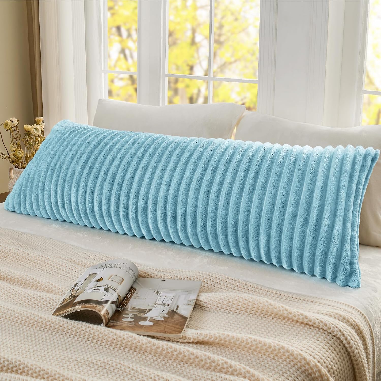 Bedelite Fluffy Faux Fur Body Pillow Cover with Zipper, Luxury Plush 3D Striped Pillow Cover 20x54 Inches, Super Soft and Cozy Long Body Pi…