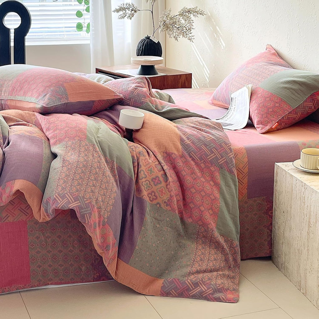 mixinni 100% Cotton Double Layer Yarn Duvet Cover Set, Vintage Patchwork Floral Jacquard Textured Comforter Cover, Reversible Boho Bedding…