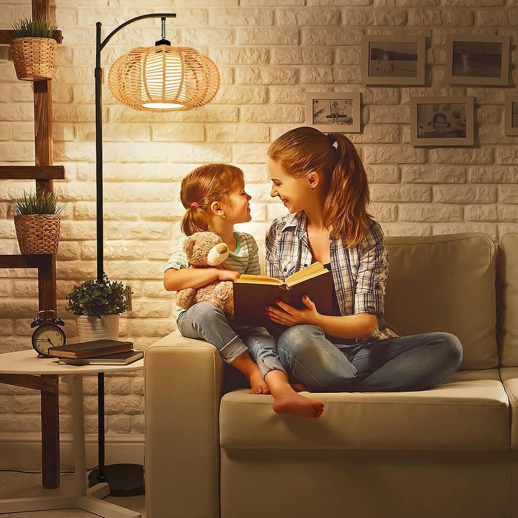 ZECOXOL Arc Floor Lamps for Living Room Bedroom Rattan Boho Floor Lamp with Remote Control, Dimmable Led Standing Lamp Wicker Lamp Shade…