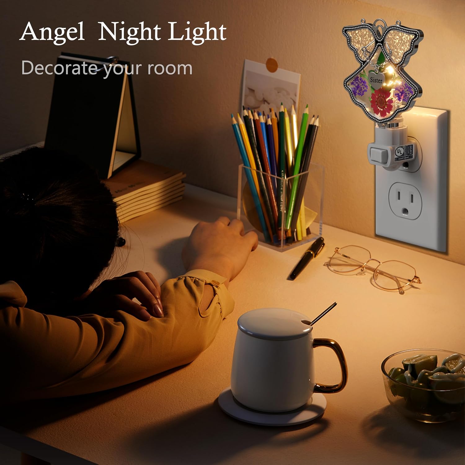 KY&BOSAM Angel Sister Night Light Flower in Glass with Metal Trim Sister Heart Night Light Nursery Bedroom Bathroom Decorative Accent…