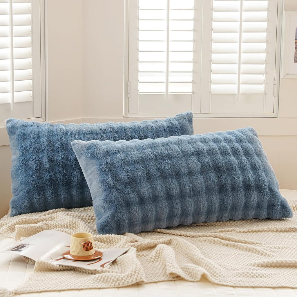 Uhamho Set of 2 Faux Fur Pillowcases, Luxury Bubble Waffle Carved Plush King Size Pillow Shams Soft and Furry, Zipper Closure (Dusty Blue,…