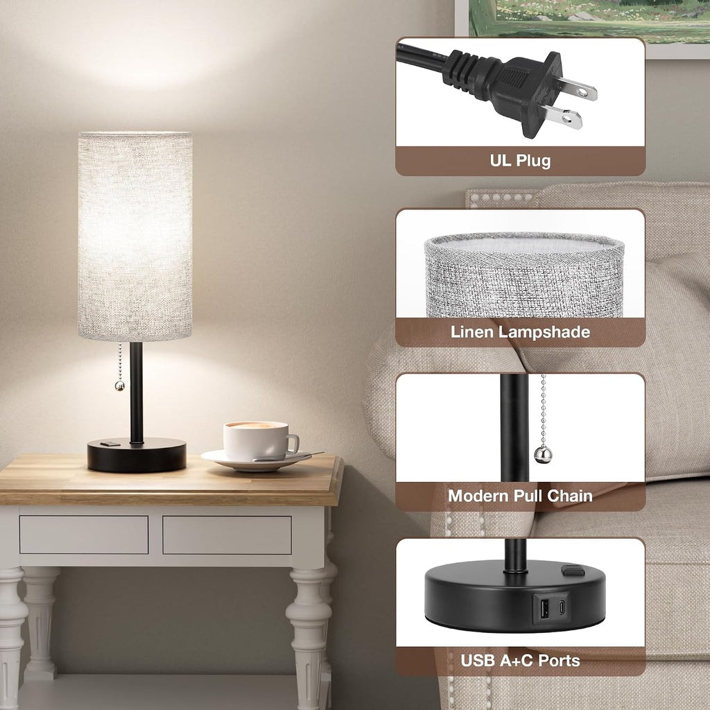 17.4Inches Grey Bedside Lamp for Bedroom Nightstand - Tall Table Lamp with USB A + C Charging Port & AC Outlet, 3 Color Temperatures Pull…