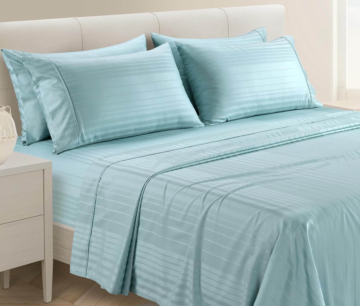 Casa Platino 100% Cotton Sheets King Size Set - 6 Pcs (1 Flat, 1 Fitted, 4 Pillowcases) - Striped 500 TC - Ultra Smooth Sateen Weave Bed…