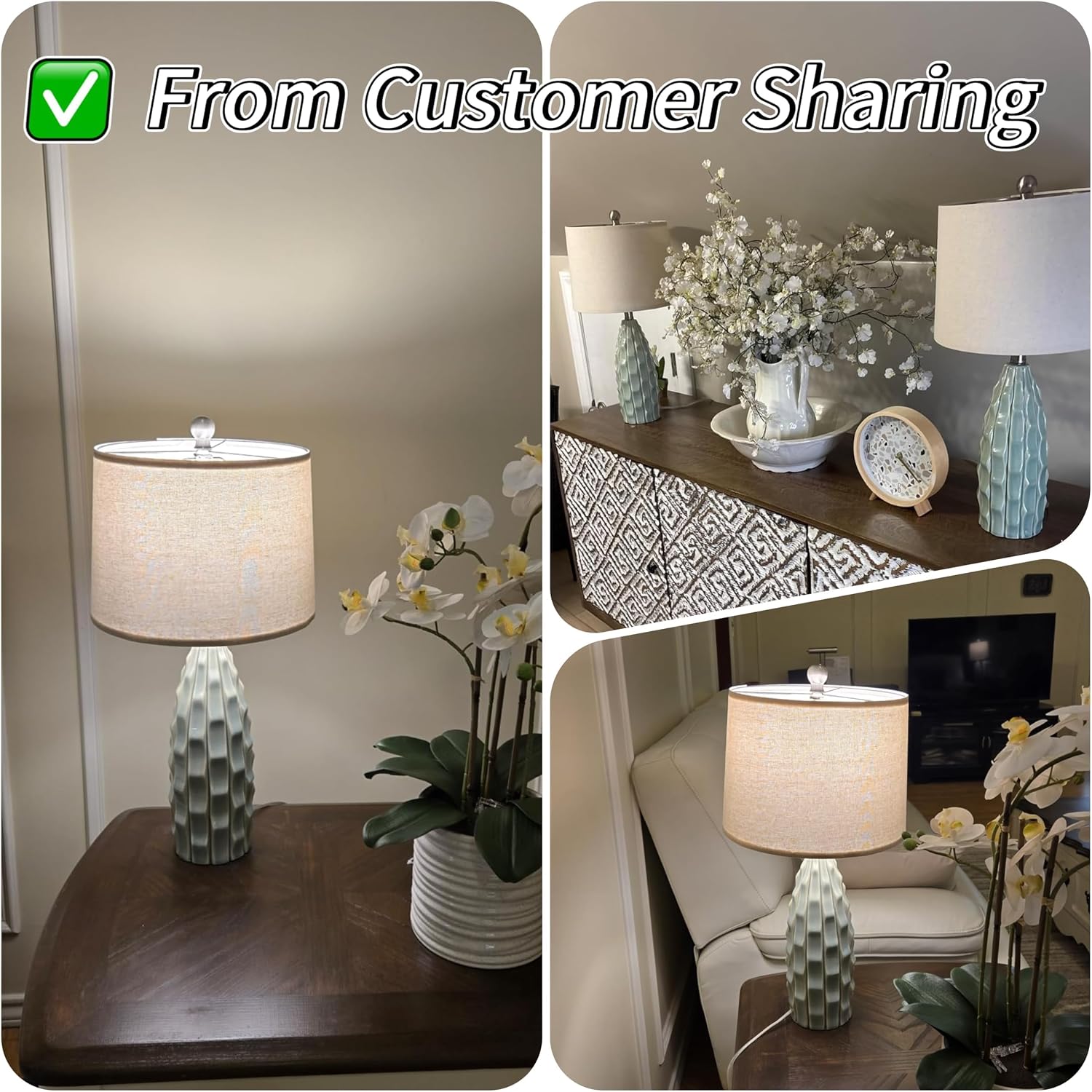 USumkky Ceramic Table Lamps Set of 2, 23.75" Modern Farmhouse Bedside Lamp - Green Nightstand Lamps for Bedroom, Boho Living Room End…