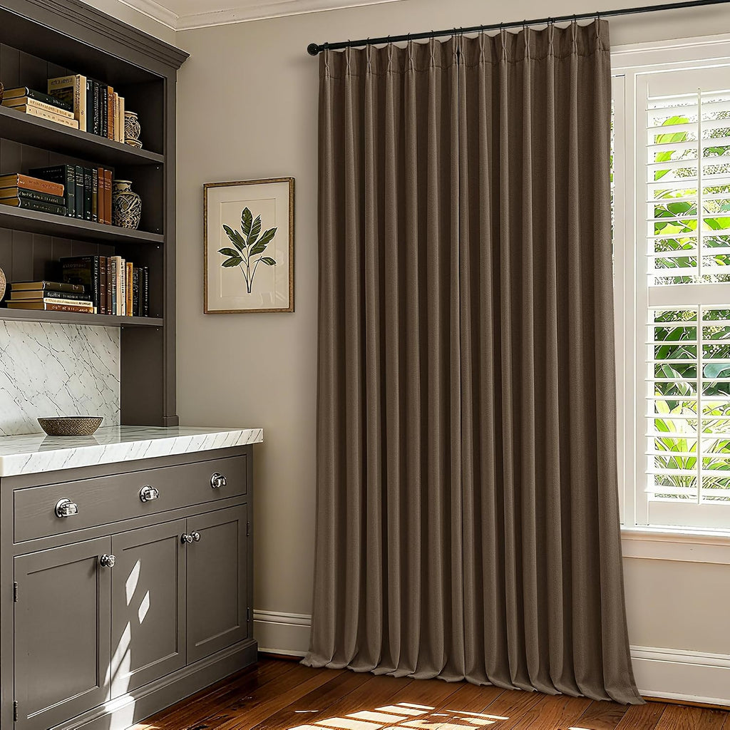 120 Inch Pinch Pleat Drapes Brown Room Darkening Curtains 120 Inches Long for Bedroom Rustic Cottagecore 100% Blackout Thick Linen Double…
