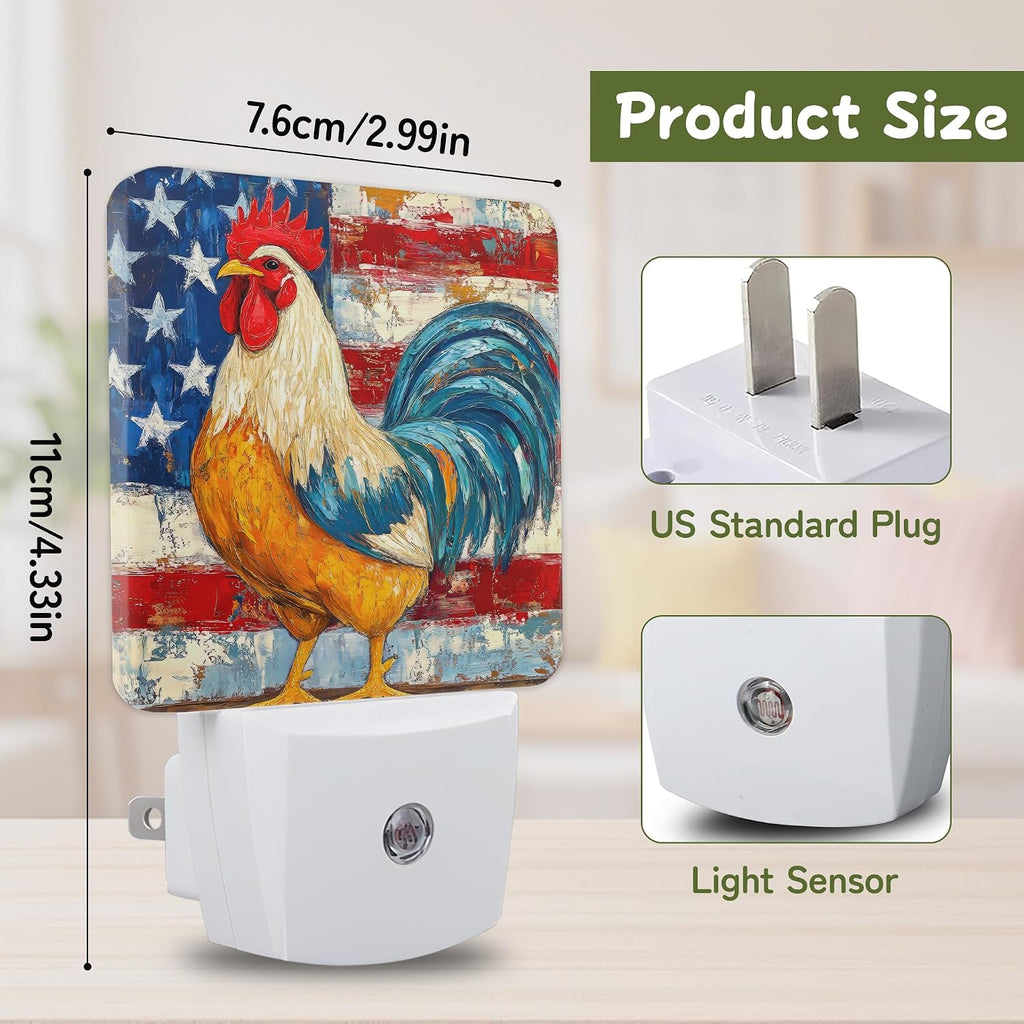 Night Light, Patriotic Rooster Flag Night Lights Plug into Wall Decor for Bedroom Bathroom Hallway Kitchen, Dusk to Dawn Sensor Gift for…