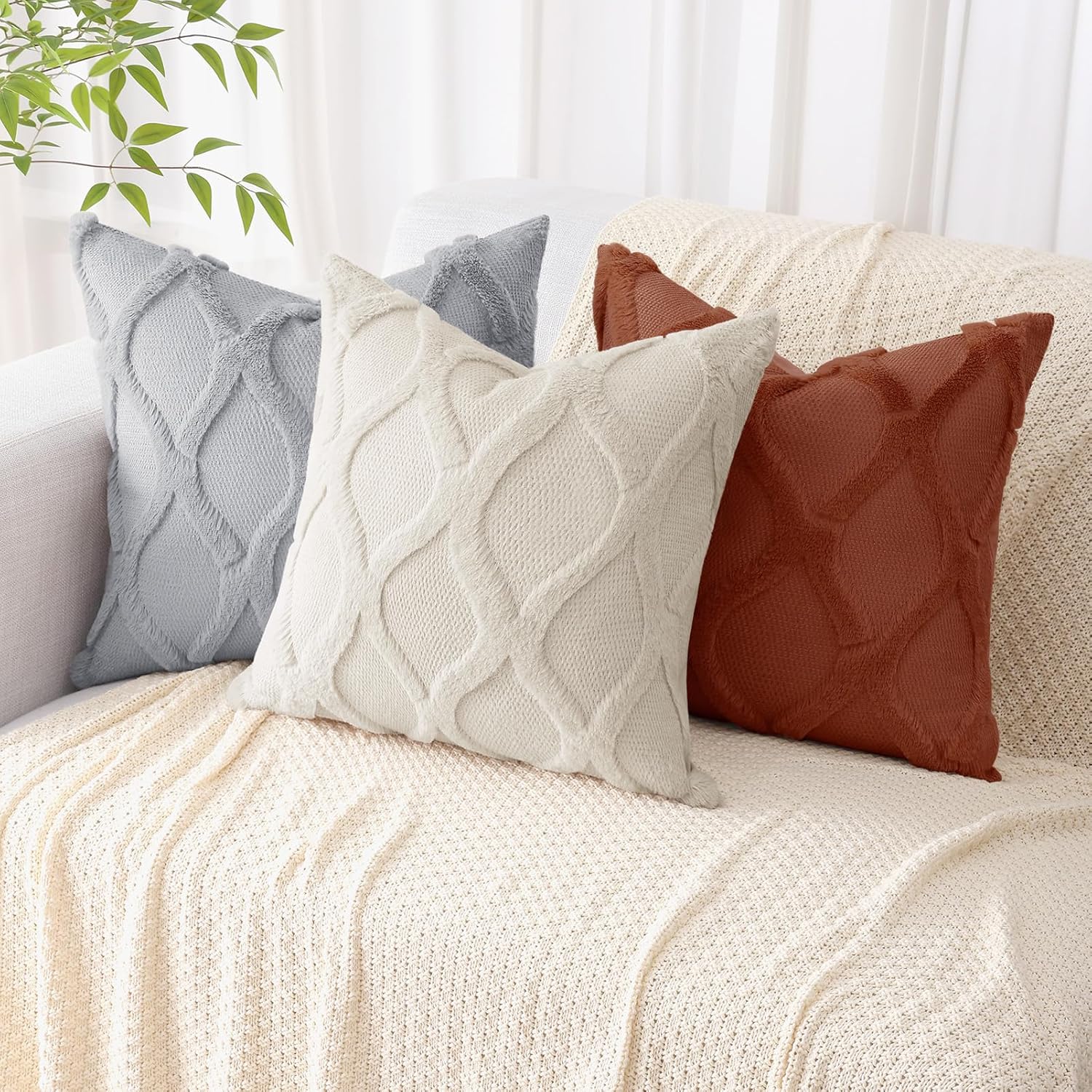 decorUhome Summer Throw Pillow Covers 20x20 Inch Set of 2, Soft Plush Faux Fur Wool Grey Accent Couch Pillow Covers for Modern Farmhouse Be…