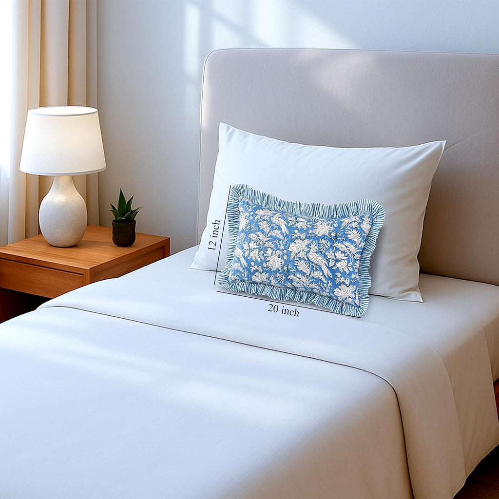 Cottonprintclub CPC Hand Block Print Blue Sapphire Ruffle Sham Pillow Cover 20" x 12" inch Hidden Zipper Decorative Pillowcase for Couch, B…