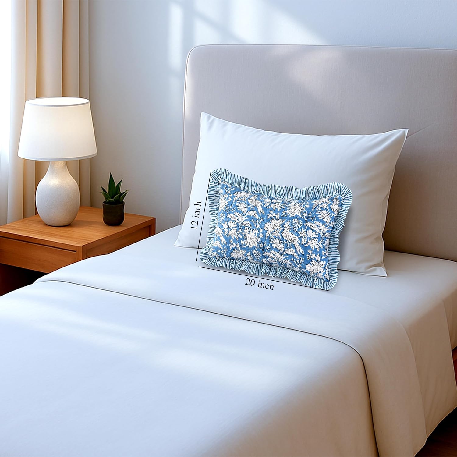 Cottonprintclub CPC Hand Block Print Blue Sapphire Ruffle Sham Pillow Cover 20" x 12" inch Hidden Zipper Decorative Pillowcase for Couch, B…