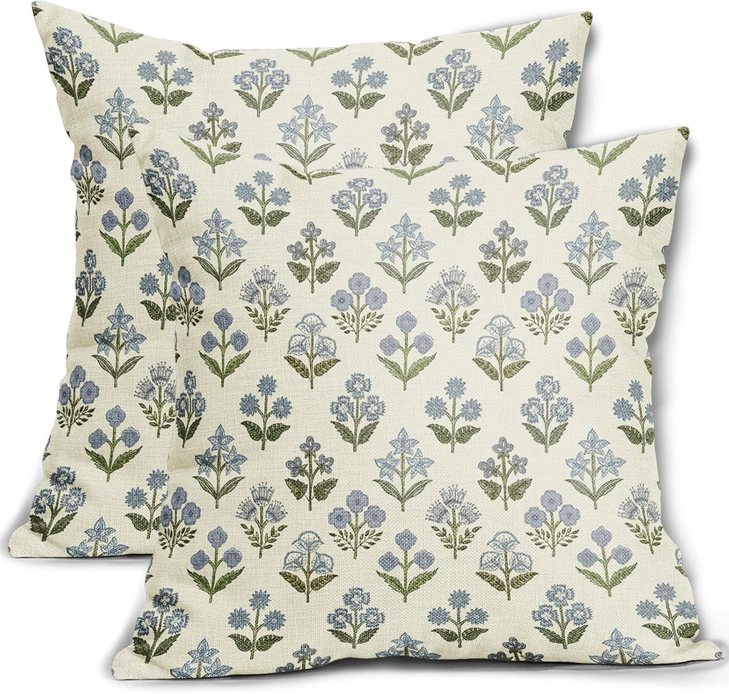 Blue Green Block Print Pillow Covers 20x20 Inch Set of 2, Vintage Floral Spring Decorative Throw Pillow Cases Boho Cushion Covers Rustic…