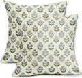 Blue Green Block Print Pillow Covers 20x20 Inch Set of 2, Vintage Floral Spring Decorative Throw Pillow Cases Boho Cushion Covers Rustic…