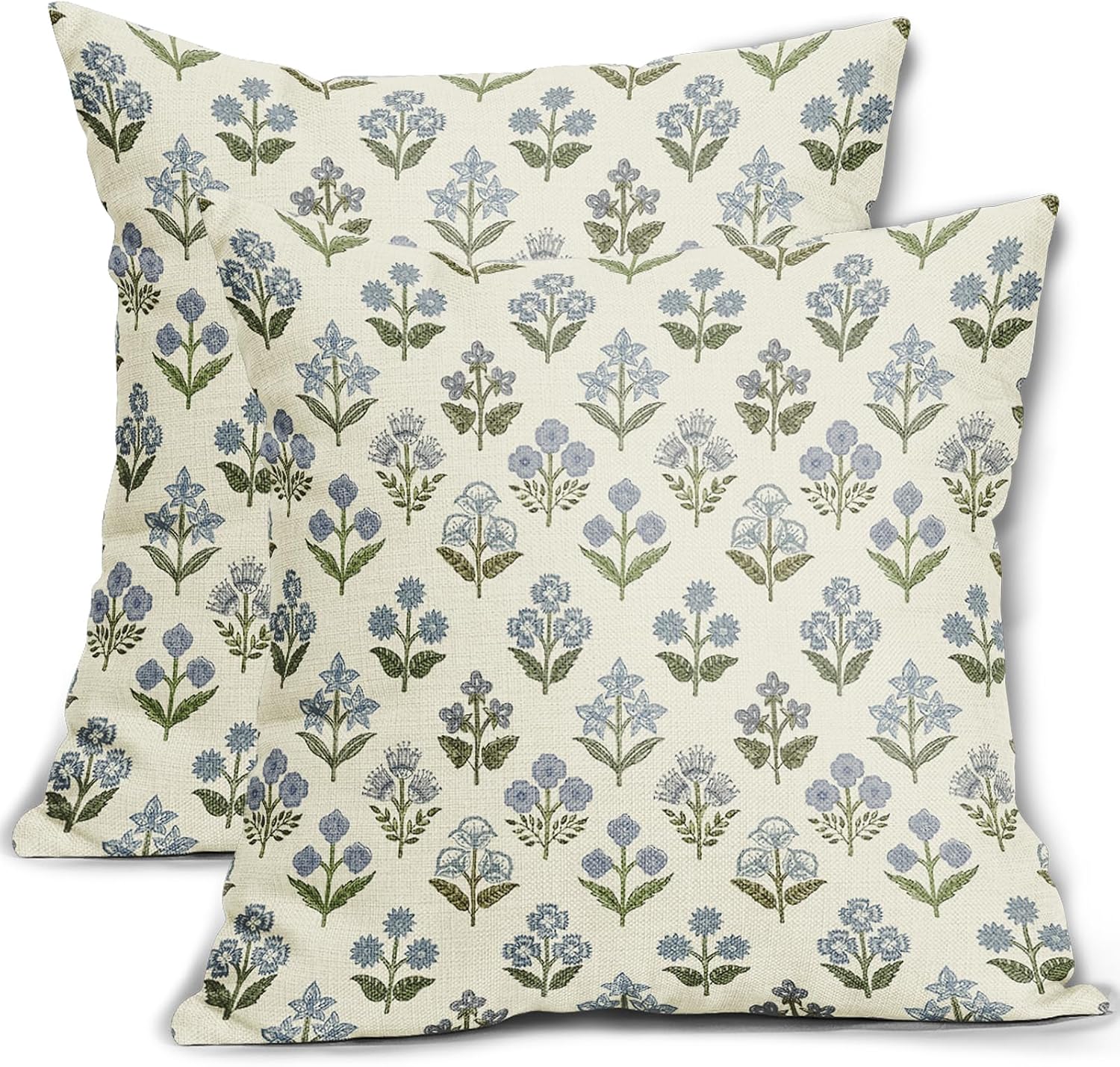Blue Green Block Print Pillow Covers 20x20 Inch Set of 2, Vintage Floral Spring Decorative Throw Pillow Cases Boho Cushion Covers Rustic…