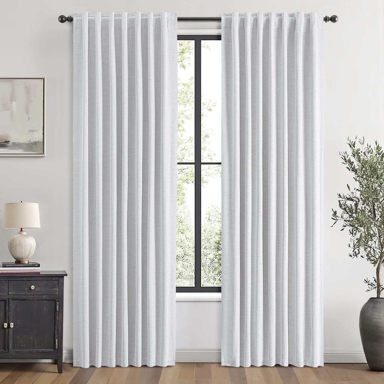 Miulee 100% Blackout Linen Curtains for Bedroom, Grayish White Solid Luxury Decor Thermal Insulation Room Darkening Drapes for Living Room…