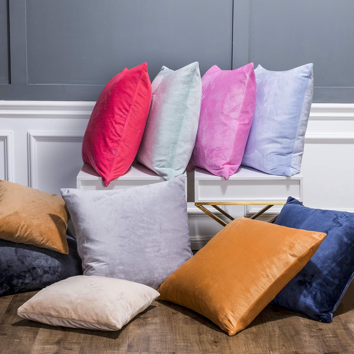 Ntbay Zippered Velvet Square Throw Pillow Covers, 2 Pack Soft and Luxury Decorative Cushion Cases, 18x18 Inches, Cyan 2 Pack silver