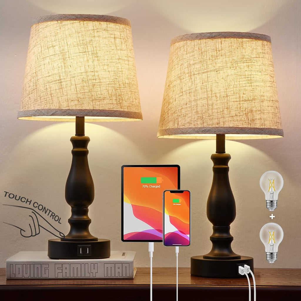 EJIAXIN Table Lamps Set of 2, Bedside Nightstand Lamps with USB Charging Ports, Dimmable Touch with Linen Fabric Lampshade, Modern Small…